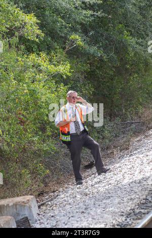 Austin Steam train Association 3 point Turn manœuvre pour déplacer le moteur de l'arrière du train à l'avant du train. Banque D'Images