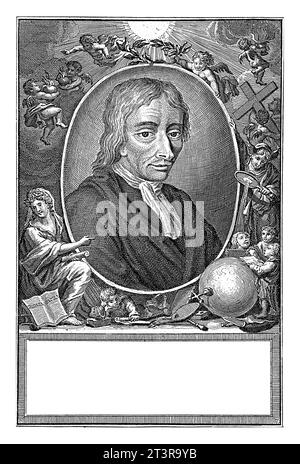 Portrait de Jan Luyken, Pieter Sluyter, d'après A. Houbraken, 1712 - 1713 Portrait du graveur, peintre et poète Jan Luyken. Au-dessus de l'ovale avec t Banque D'Images