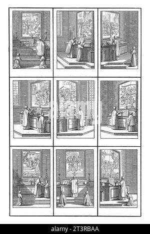 Cérémonies à la Messe, Bernard Picart (atelier de), d'après Sébastien Leclerc, 1722 feuille avec neuf représentations représentant les cérémonies successives Banque D'Images