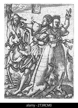 Couple avec la mort, Monogrammiste AC (16e siècle), d'après Tobias Stimmer, 1562 impression à partir d'une série de sept. La mort habillée en bouffon est repoussée b Banque D'Images