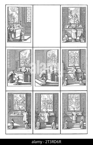 Cérémonies à la Messe, Bernard Picart (atelier de), d'après Sébastien Leclerc, 1722 feuille avec huit représentations représentant la cérémonie successive Banque D'Images