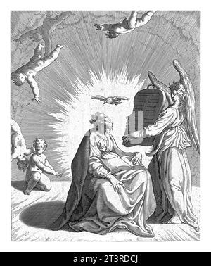 Matthieu et l'Ange, Isaac Duchemin (attribué à), d'après Adriaan de Weerdt, 1563 - avant 1591 l'évangéliste Matthieu est assis sur ses genoux avec un ouvert Banque D'Images