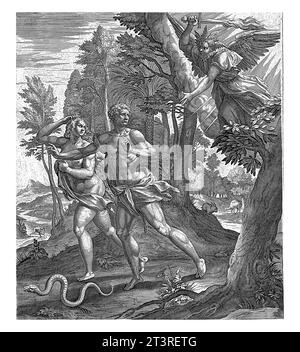 Expulsion du Paradis, Raphaël Sadeler (I), après Maerten de vos, 1583 Adam et Ève sont chassés du Paradis par l'ange avec l'épée flamboyante. Banque D'Images