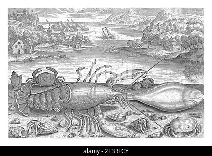 Un poisson et quelques crustacés sur la plage, Adriaen Collaert, 1627 - 1636 Une sole, un homard, deux crabes et deux crabes ermites sont échoués sur la plage A. Banque D'Images