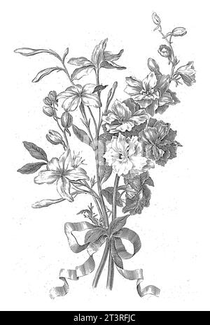 Bouquet de jasmin et larkspur, Jean Jacques avril (I), d'après Jean Baptiste Monnoyer, 1754 - 1794 les fleurs sont liées ensemble par un ruban. Banque D'Images