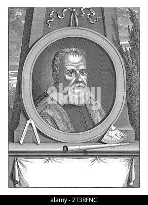 Portrait de Galileo Galilei, Joseph Mulder, 1668 - 1738 Portrait du physicien et astronome Galileo Galilei. Devant le portrait se trouve une boussole A. Banque D'Images