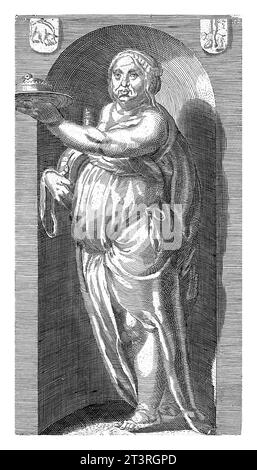 Gluttonie (Gula), Jacob Matham, d'après Hendrick Goltzius, 1593 personnification de la glouttonie, représentée comme une figure féminine grasse avec une pâte, debout en A. Banque D'Images