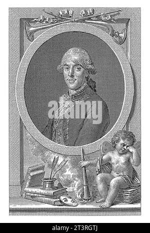 Portrait du poète Tomas de Iriarte, Manuel Salvador Carmona, d'après Joaqua -n Inza, 1792 en dessous du portrait un putto, des livres, un masque et une encrière. Banque D'Images