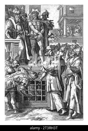 Christ montré au peuple, Pieter de Jode (I), d'après Maerten de vos, 1590 - 1632 Pilate, debout sur le balcon de son palais, montre Christ au p Banque D'Images