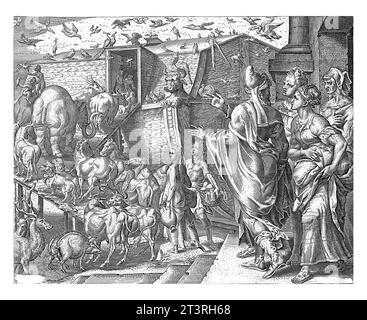 Noé et sa famille et les animaux montent à bord de l'arche, Cornelis Cort, après Maarten van Heemskerck, 1600 - 1652 Une procession d'animaux entre dans l'arche, A. Banque D'Images