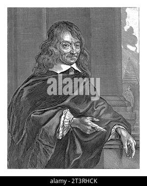 Portrait de Claudius Salmasius, professeur français de littérature à l'université de Leiden. Dans l'architecture de fond, une pyramide et une statue. Banque D'Images