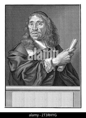 Portrait du poète Jan vos avec un rouleau de papier à la main. Ci-dessous le portrait un poème à l'éloge de vos de Joost van den Vondel. Banque D'Images