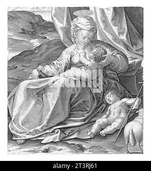 Marie avec l'enfant Christ et le jeune Jean-Baptiste, Antonie Wierix (II), d'après Luca Cambiaso, 1588 Marie est assise avec l'enfant Christ sur ses genoux b Banque D'Images