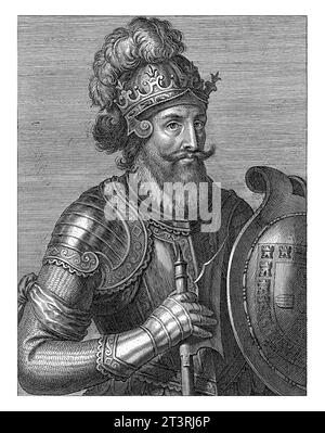 Portrait du roi Alphonse II de Portugal, Cornelis Galle (I), en ou après 1621, gravé vintage. Banque D'Images