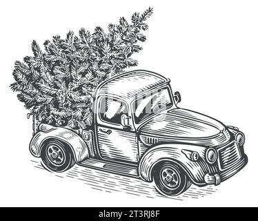 Camion rétro de Noël dessiné à la main avec arbre de pin dans le style de croquis. Joyeuses vacances illustration vectorielle vintage Illustration de Vecteur