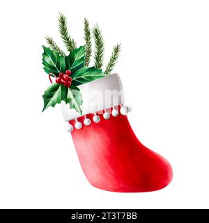 Bas de noël rouge aquarelle avec branches de sapin et houx Berry. Illustration du symbole botanique de décembre du nouvel an isolé sur fond blanc. Pour Banque D'Images