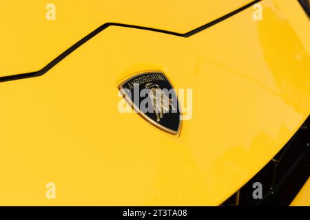 ISTANBUL, TURQUIE - 15 OCTOBRE 2023 : logo Lamborghini sur une carrosserie jaune. Banque D'Images