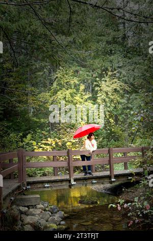 Une femme tenant un parapluie rouge se tient debout sur une petite passerelle enjambant un ruisseau près du lac Robinson dans le nord de l'Idaho. Banque D'Images