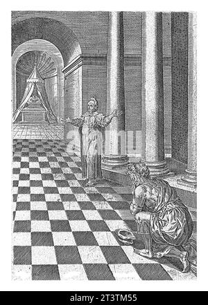 Parabole du percepteur et du pharisien, Abraham de Bruyn, d'après Crispijn van den Broeck, 1583 Illustration de livre pour la parabole de l'impôt coll. Banque D'Images