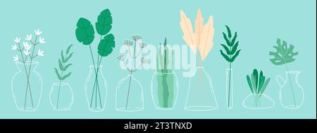 Bouquets verts de brindilles et d'herbes dans des vases en verre sur un fond de menthe. Eléments de conception vectoriels. Illustration de Vecteur