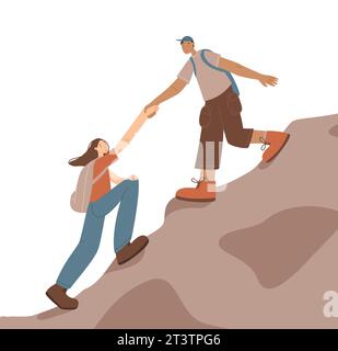 Les voyageurs heureux escaladent les montagnes. Le concept d'aide et de travail d'équipe en randonnée. Illustration vectorielle isolée sur fond blanc. Homme et femme en h Illustration de Vecteur