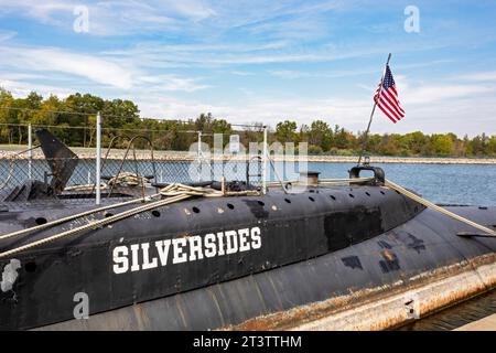 Muskegon, Michigan - l'USS Silversides, un sous-marin de classe Gato de la Seconde Guerre mondiale, au USS Silversides Submarine Museum. Banque D'Images