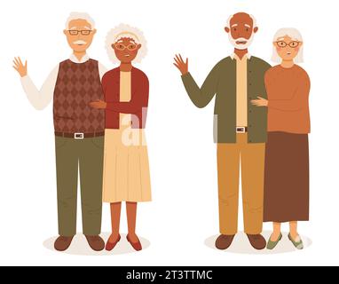 Heureux deux couples de seniors modernes multinationaux debout ensemble et souriant. Femme africaine senior et homme caucasien. Homme africain senior et caucasien Illustration de Vecteur