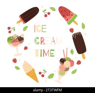 Une composition circulaire de crème glacée, de fruits et de menthe. Illustration vectorielle dans un style plat. Lettrage Illustration de Vecteur