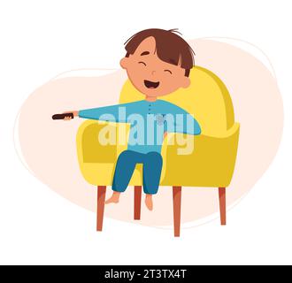 Mignon garçon regardant l'illustration vectorielle de télévision. L'enfant se repose après des activités de routine, assis sur une chaise et regardant des dessins animés. Routine quotidienne. Calendrier Illustration de Vecteur