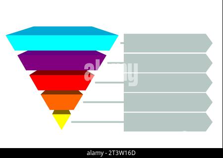 Illustration infographique de bleu avec violet avec jaune avec des triangles orange et rouge divisés et espace pour le texte, forme pyramidale inversée faite de cinq Illustration de Vecteur