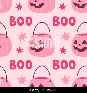 Illustration vectorielle de motif sans couture rose Halloween. Imprimé rose dans un style plat. Citation de lettrage Halloween Illustration de Vecteur