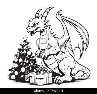 Symbole de l'année dragon 2024. Coloriage de bébé dragon mignon avec des cadeaux et un arbre de Noël Illustration de Vecteur