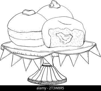 Hanukkah beignets sur le stand de gâteau avec des drapeaux de fête Illustration de Vecteur