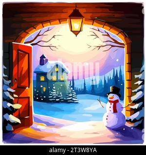 Nouvel an, carte postale de Noël. Porte décorée d'une guirlande à côté d'un bonhomme de neige drôle. illustration vectorielle Illustration de Vecteur