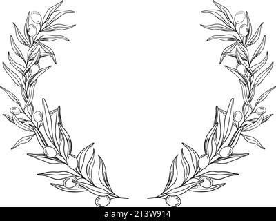 Croquis couronne de branche d'olivier avec des baies et des feuilles. Illustration de dessin vectoriel dessiné à la main. Dessin noir et blanc du symbole de l'Italie ou Illustration de Vecteur