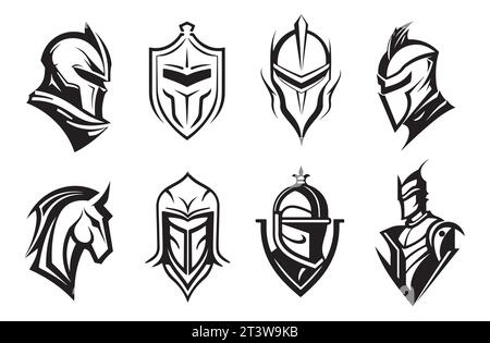 Casques de guerrier icônes noires ou logos ensemble. Armure de chevalier, illustration vectorielle Illustration de Vecteur