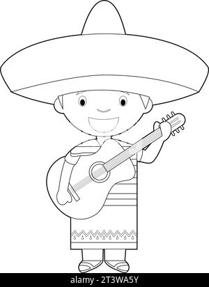 Personnage de dessin animé facile à colorier du Mexique habillé de la manière traditionnelle mariachi chanteur avec guitare. Illustration vectorielle. Illustration de Vecteur