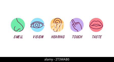 Ensemble d'icônes de cinq sens humains oeil de vision , nez d'odeur , oreille d'ouïe , main de toucher , bouche de goût . Illustration vectorielle d'icônes de ligne simple. Illustration de Vecteur