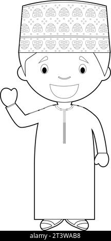 Personnage de dessin animé facile à colorier d'Oman habillé de la manière traditionnelle Illustration vectorielle. Illustration de Vecteur