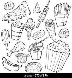 Restauration rapide Doodle. Icônes dessinées à la main. Vector clip Art. Esquissez Famous Food. Illustration de Vecteur