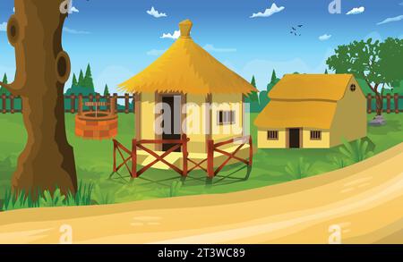 Maison de ferme de village vieux chalets ruraux, maison de fermier soirée cabane de village vert ciel Illustration de Vecteur