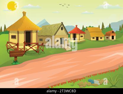 Maison de ferme de village vieux chalets ruraux, maison de fermier soirée cabane de village vert ciel Illustration de Vecteur