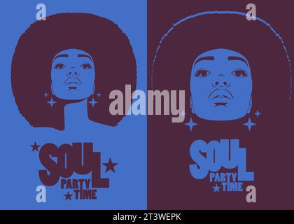 Belle femme avec des cheveux bouclés de style afro, des couleurs acides. Maquillage psychédélique. Affiche musique soul, funk ou disco style 60s ou 70s Illustration de Vecteur