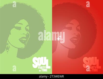 Belle femme avec des cheveux bouclés de style afro, des couleurs acides. Maquillage psychédélique. Affiche musique soul, funk ou disco style 60s ou 70s Illustration de Vecteur