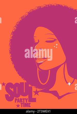 Belle femme avec des cheveux bouclés de style afro, des couleurs acides. Maquillage psychédélique. Affiche musique soul, funk ou disco style 60s ou 70s Illustration de Vecteur