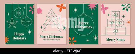 Ensemble d'affiches de Noël modernes minimalistes avec des formes géométriques abstraites. Couvertures de Noël pour fêtes. Illustration vectorielle Illustration de Vecteur
