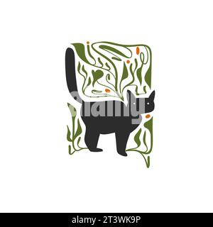 Graphique abstrait vectoriel dessiné à la main, noir, dessin au trait joyeux Halloween chat effrayant noir dans les feuilles vertes isolé. Halloween personnage dessin animé conception d'automne Illustration de Vecteur
