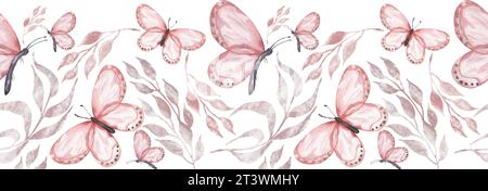L'aquarelle laisse le clipart de branche et la bordure sans couture de buttrefly, le papier de répétition floral, illustration de motif sans couture Banque D'Images