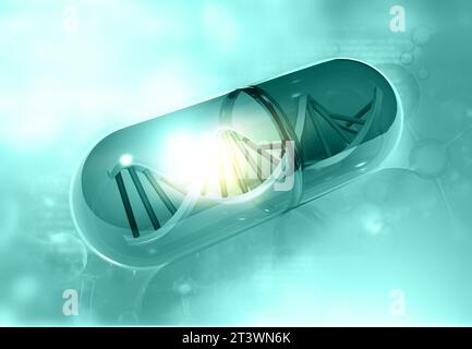 ADN à l'intérieur d'une capsule médicale. Concept de médecine génétique. rendu 3d. Banque D'Images