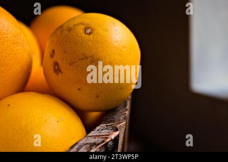 Oranges fraîches dans un seau en bois Banque D'Images